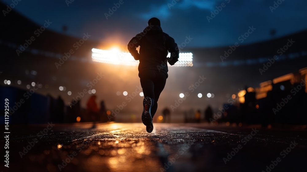 Poster A man in dark clothing runs on a wet surface towards a brightly lit stadium at night. The ground reflects the stadium lights, creating a dynamic and atmospheric image