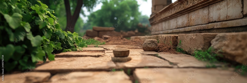 Poster Low angle shot of an ancient stone path with a small round stone object in the foreground, lush green foliage to the left, and the weathered stone structure of a temple visible in the background