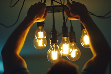 Electrician installing ceiling lights. Featuring electrical installation and lighting setup