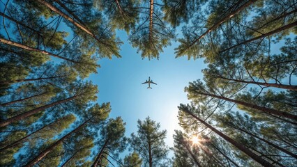 Obraz premium Airplane flying above lush green pine trees under a clear blue sky.