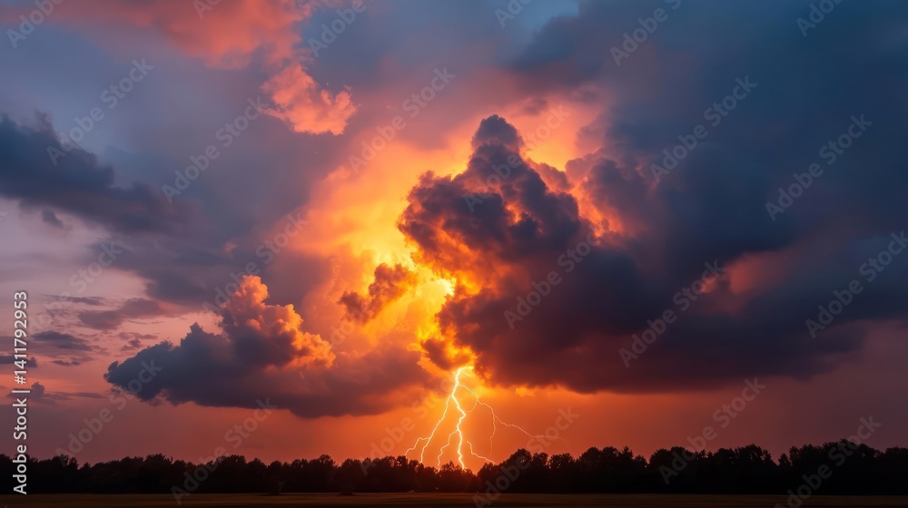 Poster vibrant lightning strikes illuminate the sky, with orange and yellow hues dominating the clouds and 