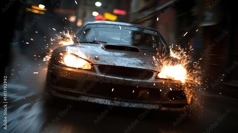 Poster dynamic shot of a gray car in motion with bright yellow headlights. sparks fly around it on an urban