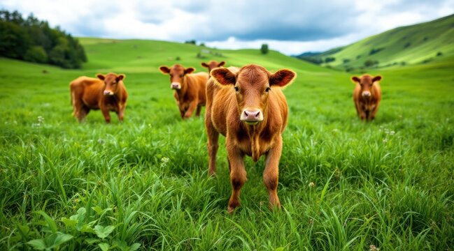 Five brown calves grazing in a lush green meadow under a cloudy sky.