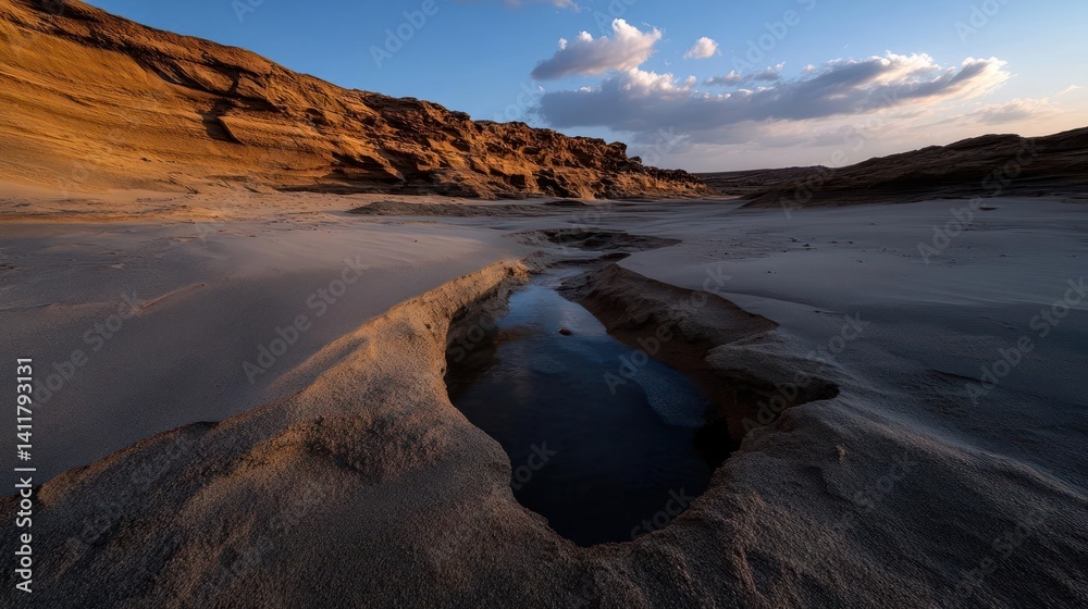 Aufkleber tranquil landscape featuring rock formations, water and cloudy sky. the foreground showcases rock te