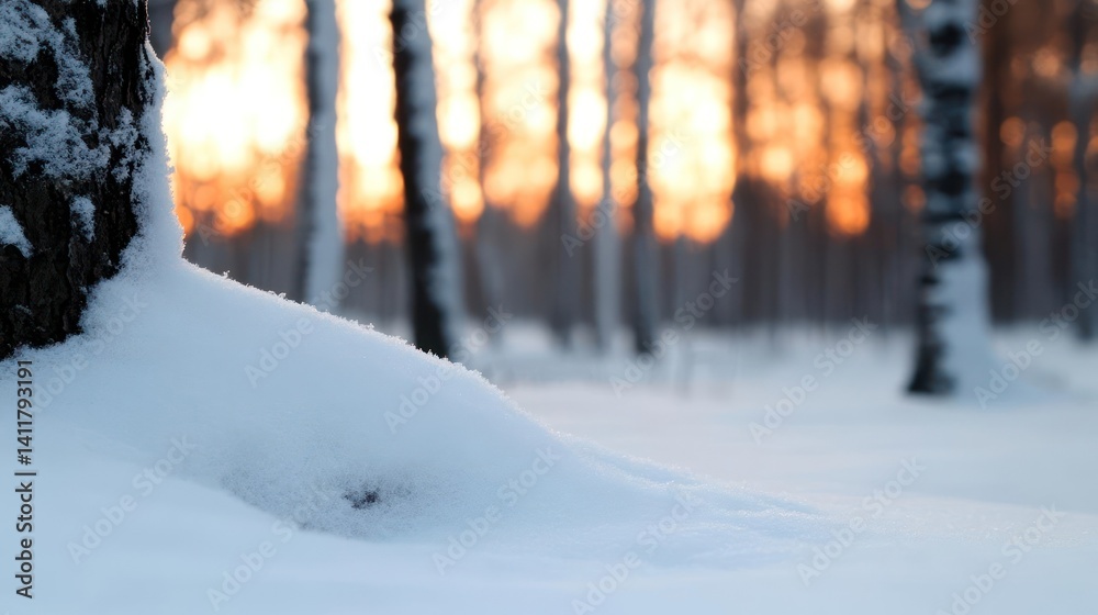 Poster close up of a snow covered tree trunk in a birch tree forest during winter with a blurry orange suns