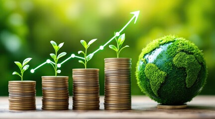 Green finance concept with growing plants on coins symbolizing sustainable investment growth.