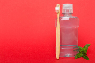 Mouthwash and fresh mint on colored background, top view with copy space for text