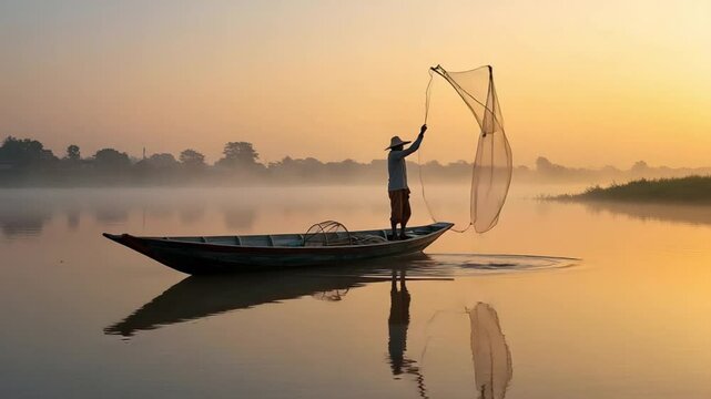 Traditional Fisherman Casting Net on River