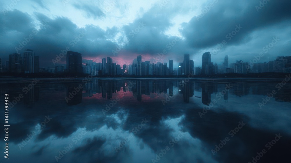 Aufkleber a dramatic cityscape is reflected in still water beneath a cloudy twilight sky. the buildings are si