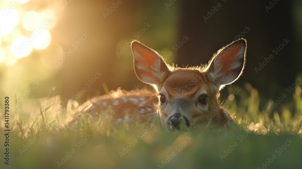 Poster close-up of a fawn resting in green grass, illuminated by golden light and bokeh background. the faw