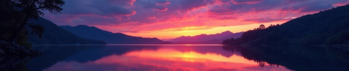 Naklejka premium Vibrant sunset hues mirrored in tranquil lake, stars emerge , night sky, astrophotography