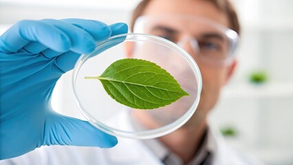 Scientist examines a leaf sample in a laboratory with protective gloves and equipment.
