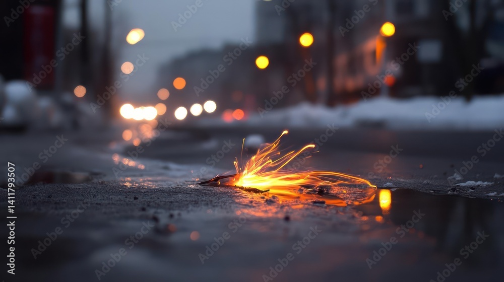 Poster a mesmerizing close-up captures bright orange sparks erupting from a fissure on a wet asphalt road, 