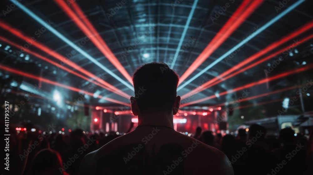 Poster A man's back view at a concert with vibrant red and blue laser lights illuminating the crowd, set against a dark background, creating a dynamic atmosphere with bokeh effects enhancing the scene