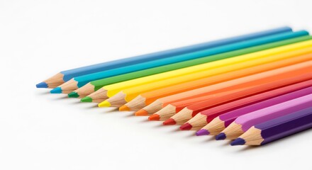 Fototapeta premium Colorful Pencils Arranged in Rainbow Order on White Background Studio Shot