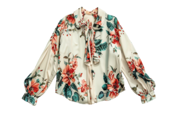 Floral print blouse on a soft fabric hangs elegantly against a light background, showcasing vibrant colors for a spring-inspired look isolated on transparent background