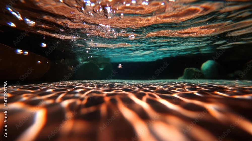 Fototapete underwater scene featuring a sandy seabed with ripple patterns and rocks, turquoise water, and light