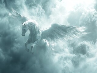 Obraz premium A majestic winged horse soaring through dreamy clouds, embodying grace and fantasy.