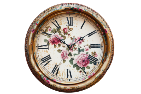 A vintage floral clock with ornate design and classic Roman numerals hanging on a clean wall isolated on transparent background