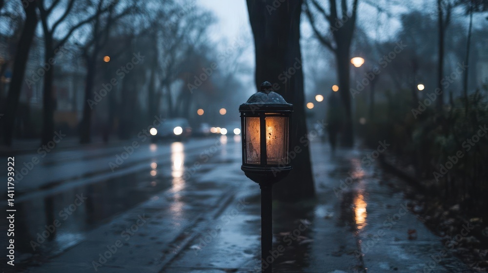 Poster a moody street scene features a vintage lamppost glowing with warm light, reflecting on the wet pave
