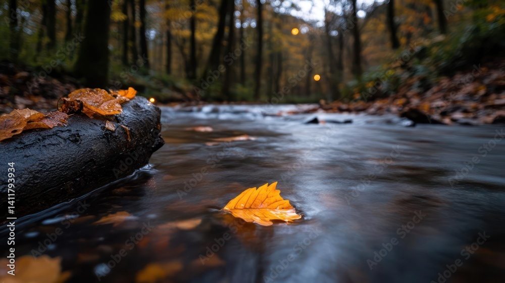 Poster scenic close-up of a serene river with fallen leaves in an autumn forest. dominant colors include th