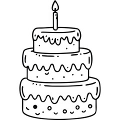 Three-layered birthday cake with a candle, hand-drawn in black and white.