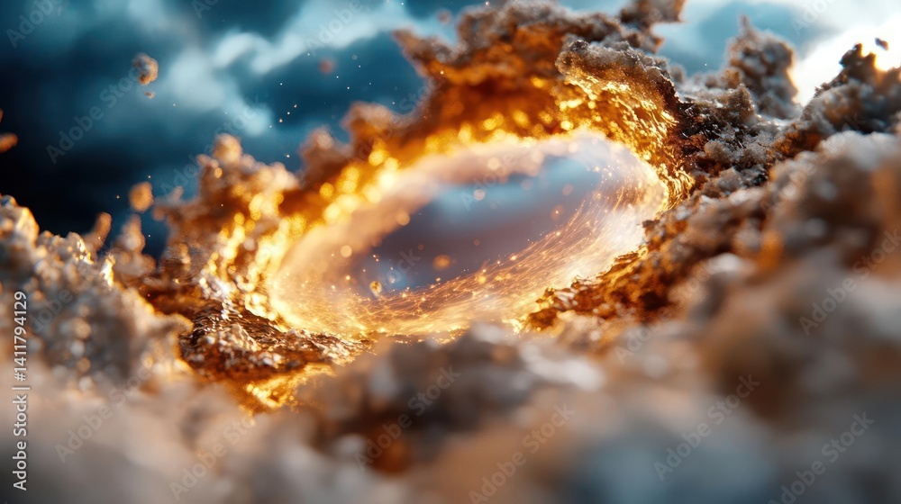 Aufkleber abstract and surreal, the image presents a glowing, circular portal set within swirling clouds. the 