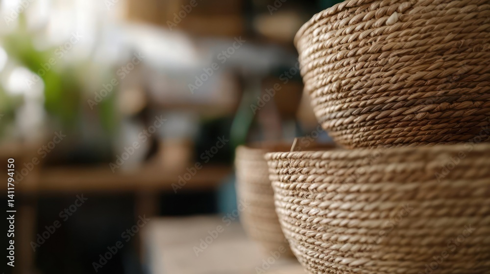Poster a close-up shot showcases a stack of woven baskets, highlighting their textures and earthy tones. th