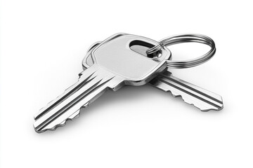 Two metallic keys on a keyring isolated on white background