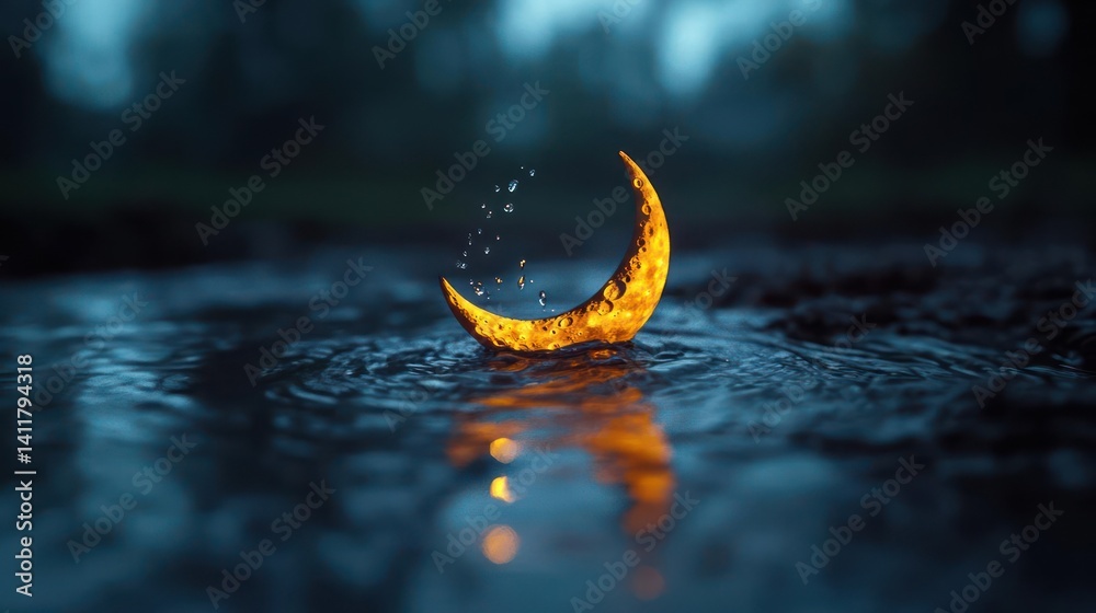 Poster Close up crescent moon shape with fiery orange texture and floating particles, reflected in a dark, rippled water surface with blurred teal and black bokeh background, creating a mystical scene