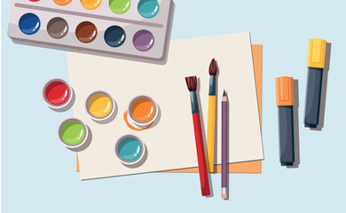 Art work accessories tools supplies set on table. Paint brushes, paintbox watercolors, crayons, pencils. Back to school. Top view