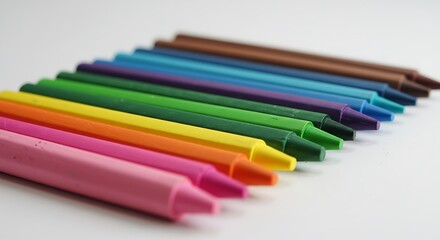 Fototapeta premium Colorful Crayons in a Row on White Surface for Creative Drawing