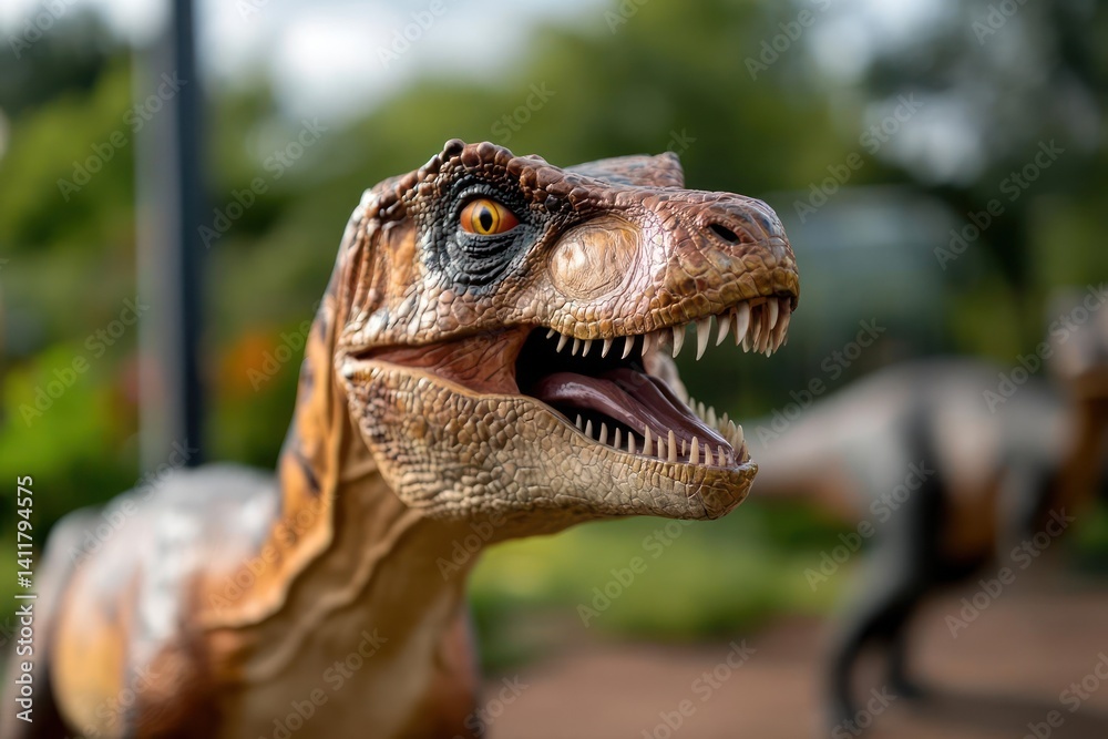 Poster Close-up capturing a dinosaur model with its mouth open, showcasing its teeth and tongue, positioned in an outdoor park setting with blurred background elements, focusing on detailed textures and