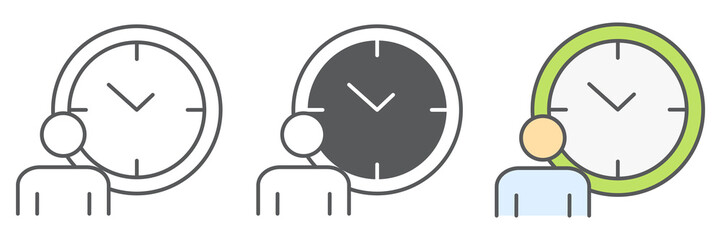 Time management icon collection, person with clock and deadline, working hours vector icon set, vector graphics, editable stroke outline sign, eps 10