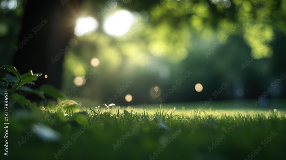 Leinwandbilder low angle shot featuring vibrant green grass and foliage bathed in warm sunlight, creating a bokeh e
