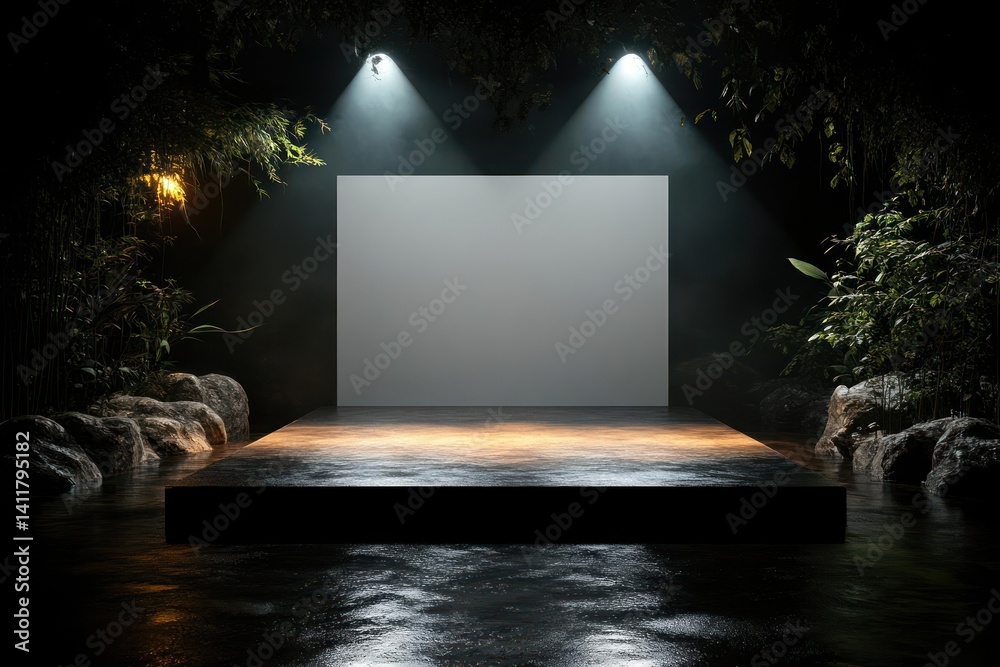 Poster A square stage with a gray rectangle in the background, flanked by greenery and illuminated by spotlights, stands over reflective water, creating a dark and mysterious atmosphere with nature