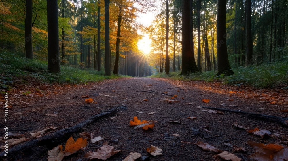 Aufkleber captured at a low angle, the image showcases a vibrant autumn forest. a path covered in fallen leave