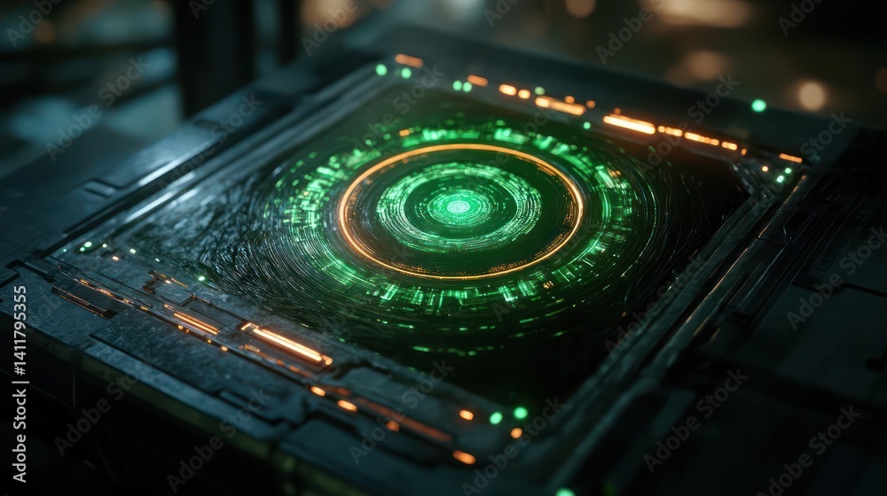Poster Close-up of a dark, metallic rectangular container with a glowing green and orange circular pattern on top, emitting a futuristic and high-tech atmosphere, set against a blurred dark background with