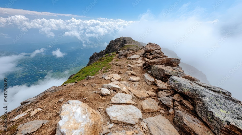 Poster majestic mountain ridge with rocky terrain under a partly cloudy sky. overlooking a lush green valle