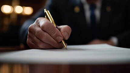 Close up of a hand signing a document with a pen, focused on the act of writing. The background is softly blurred, highlighting the importance of the signature on the white paper atop a polished