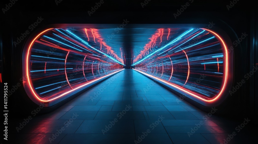 Poster A captivating perspective through a futuristic corridor, bathed in contrasting neon hues of red and blue, with a smooth reflective floor amplifying the sense of depth and dimensional space in the