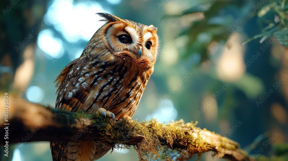 Poster a stunning, detailed image of an owl perched on a mossy branch within a lush, green forest. the owl'