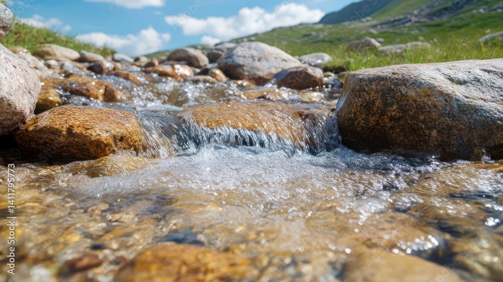 Poster a close-up showcases clear water cascading over rocks in a mountain stream, with green grass visible