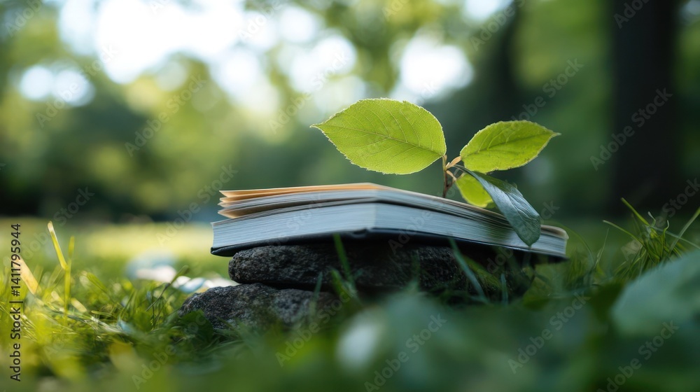 Poster close-up shot of a young plant sprouting from a book resting on rocks in a green grassy field with a
