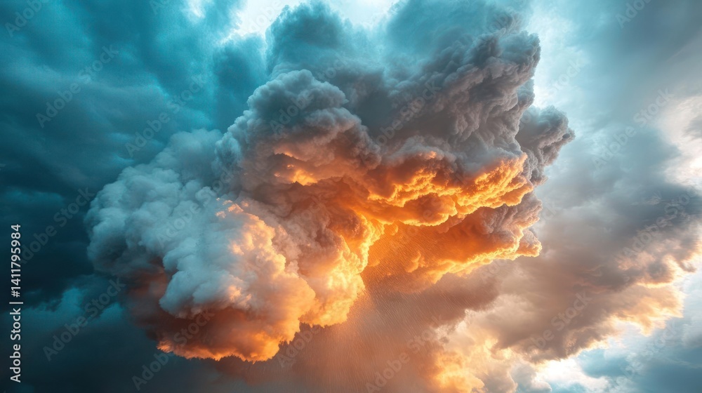 Aufkleber dramatic storm clouds dominate the sky, illuminated by warm orange sunlight breaking through the dar