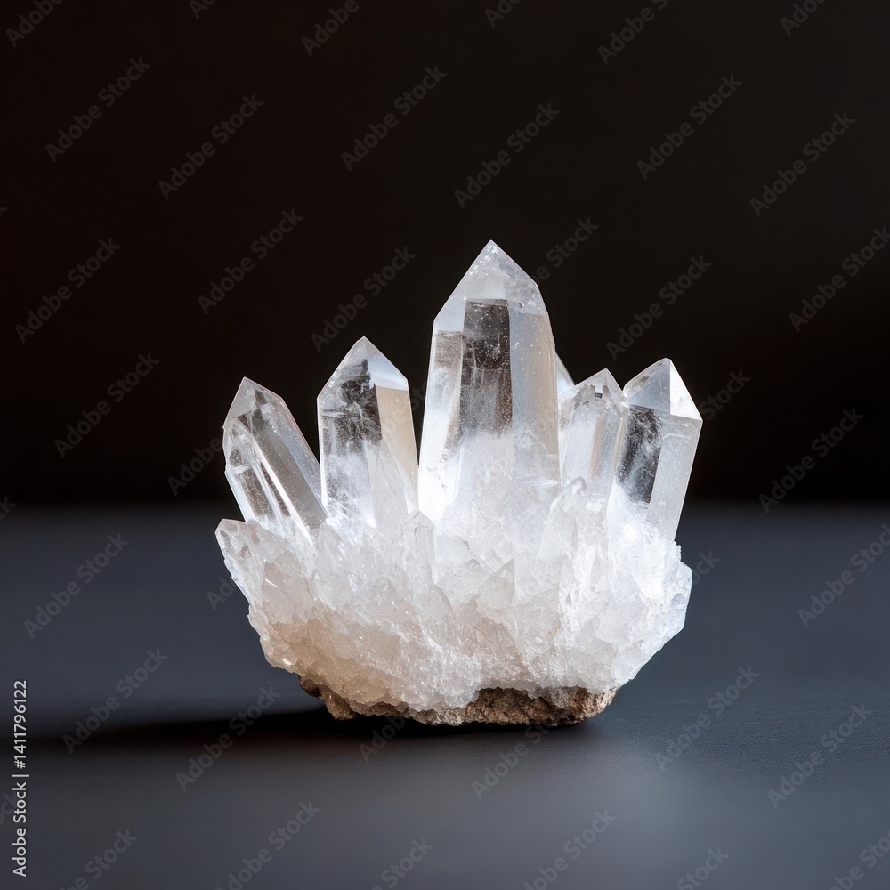Poster Close up shot of clear quartz crystal cluster with sharp terminations, capturing the detail and clarity of the mineral against a dark background. The crystal formation is the focus of the shot