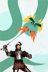 Composite 3D photo collage design trend sketch of young man hold sword fight dragon hero knight conqueror vintage clothing character armor