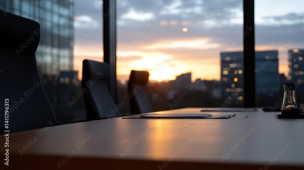 Aufkleber image displays a conference table in a boardroom with black leather chairs, illuminated by a setting