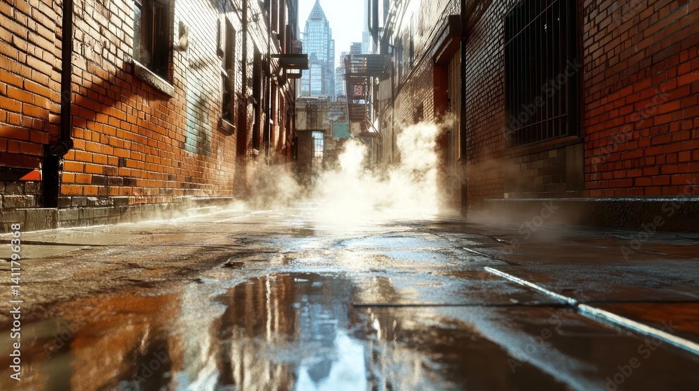Poster a low angle shot shows an alleyway in a city on a wet day. brick buildings line the sides, while a t