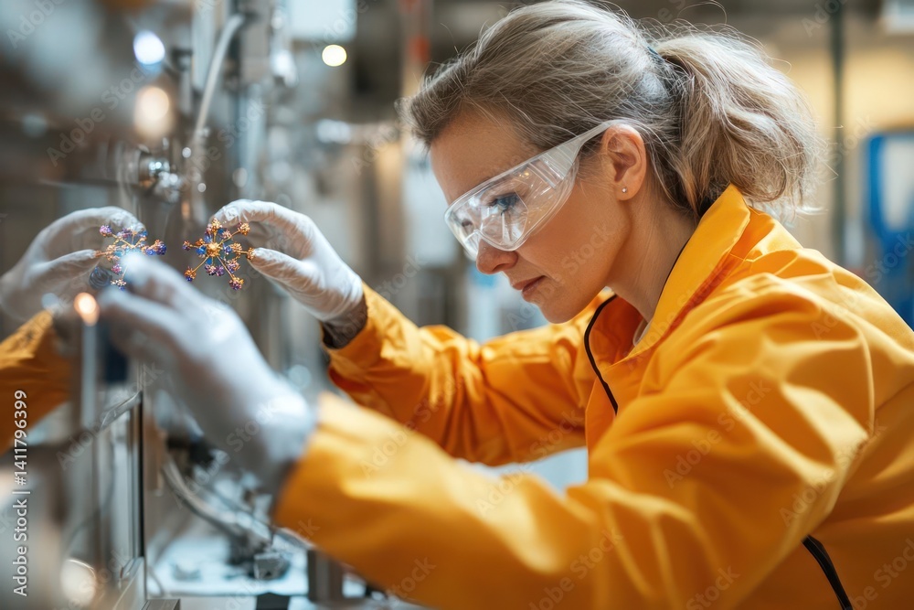 Poster a woman wearing safety glasses and a yellow protective suit is shown in a side view, examining a mod